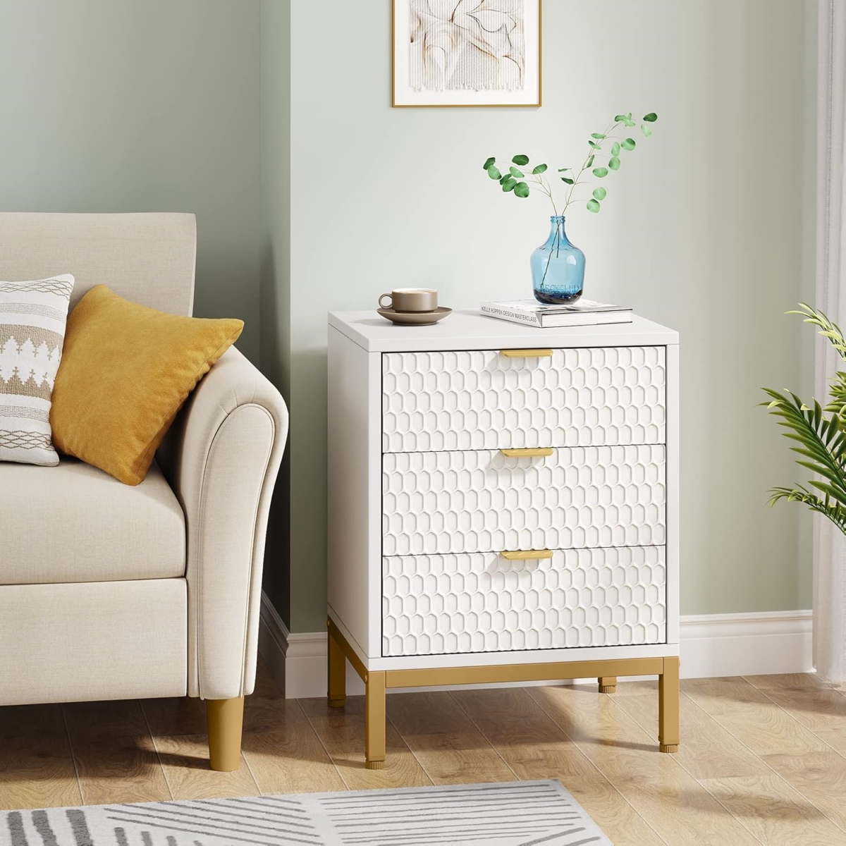TB-F1638 19.7 in. Modern 3-Drawer Nightstand - 25.8 in. Tall Bedside Table with Storage - White & Gold