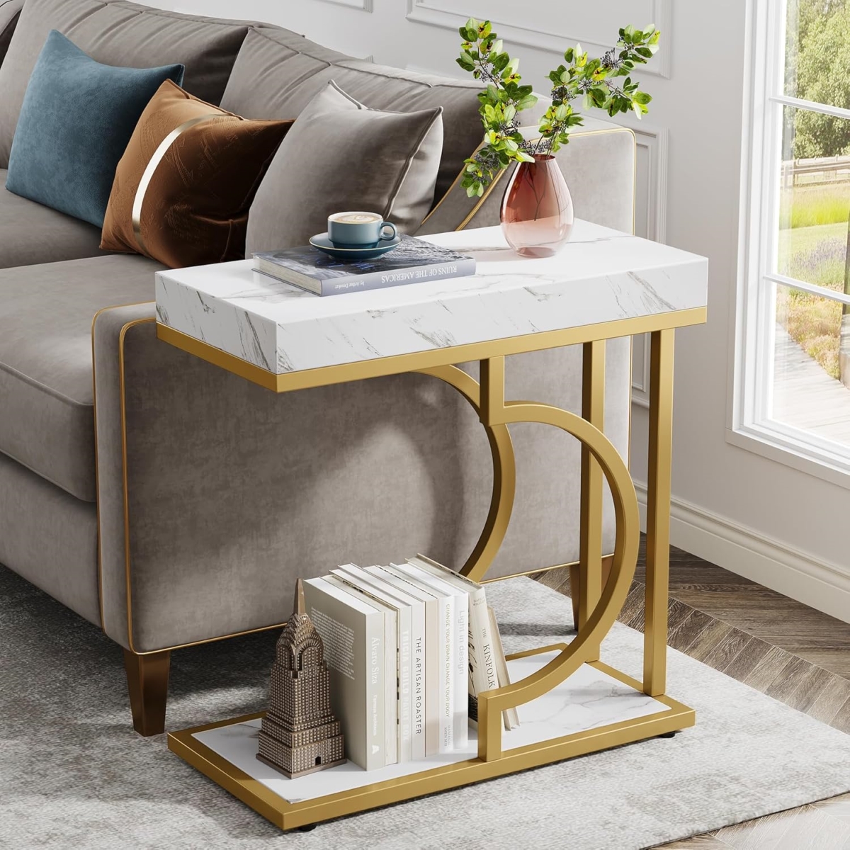 TB-F1911 23.6 in. Premium C-Shaped Sofa Side End Table with Faux Marble Top & Metal Frame - White & Gold