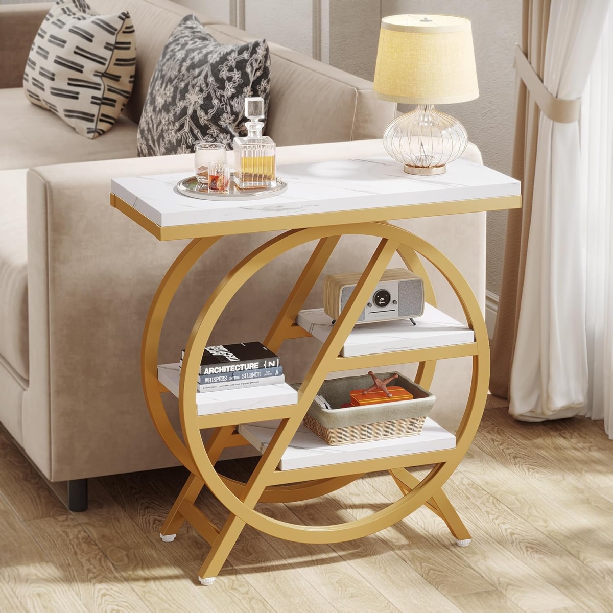 TB-JW0887 25.59 in. 3-Tier Modern Faux Marble Narrow End Table with Storage & Gold Metal Frame - White & Gold
