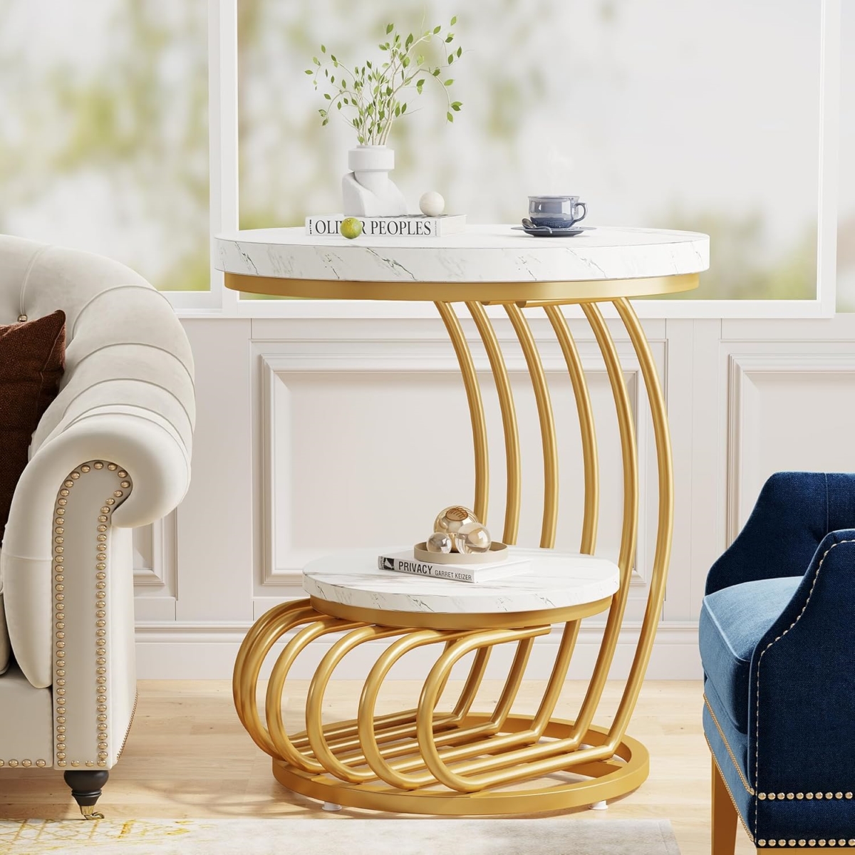 TB-NY097 19.68 in. Modern Round End Table with 2-Tier Storage - Faux Marble & Accent Table - White & Gold