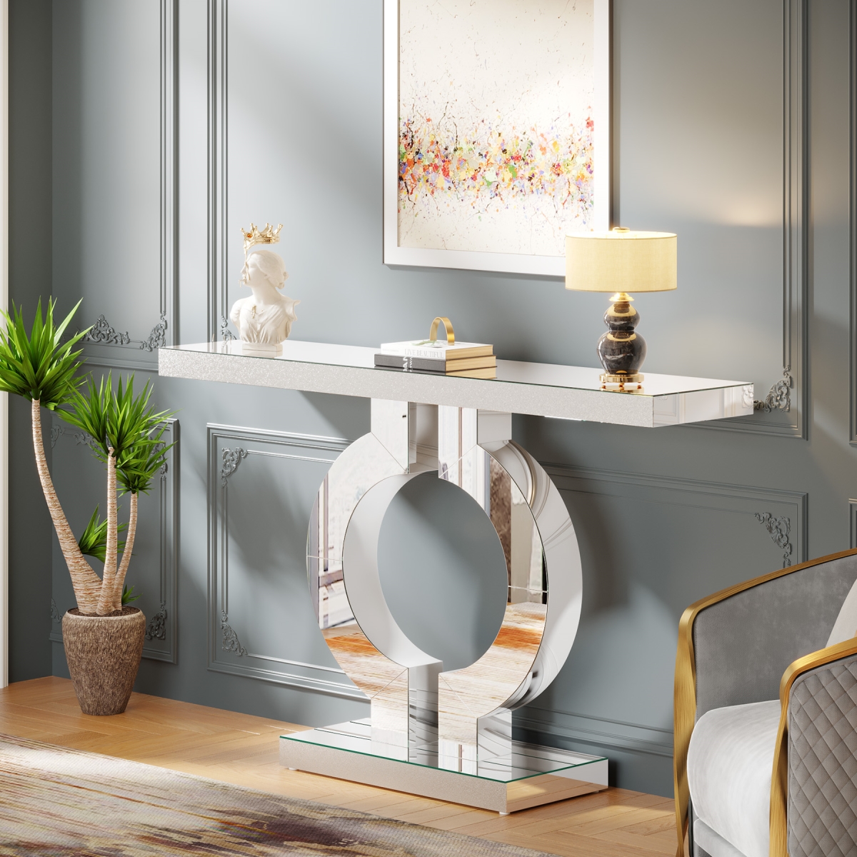 TB-NY152 43 in. Modern Mirrored Console Table with O-Shaped Base - Silver