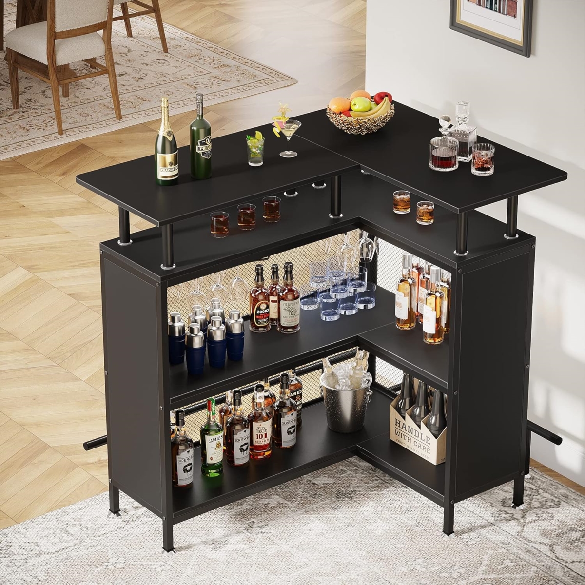 TB-C0723 36 x 48 in. L-Shaped Home Bar Unit with Footrest - Modern Corner Liquor Cabinet with 2-Tier Shelves & Glass Racks - Black