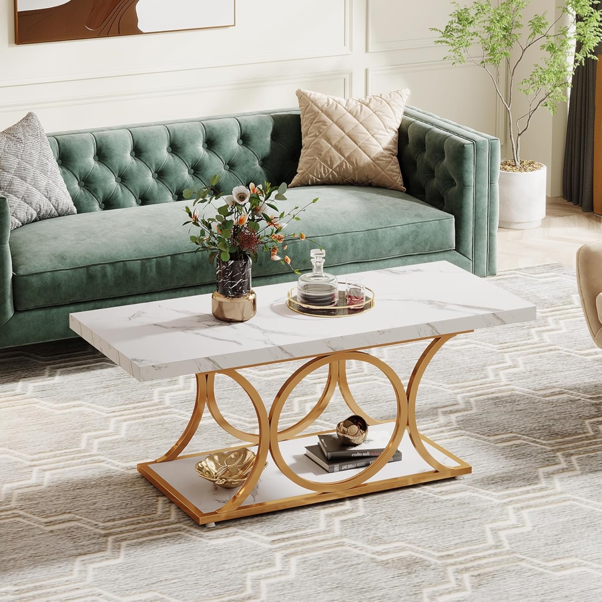 TB-C0848 47.24 in. 2-Tier Faux Marble Wood Rectangle Coffee Table with Geometric Legs - White & Gold