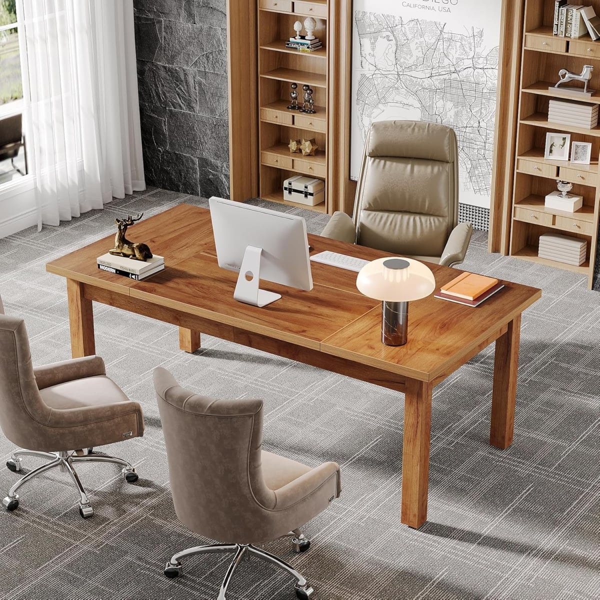 TB-F1879 70 in. Farmhouse Office Computer Desk with Solid Wood Legs - Large - Brown