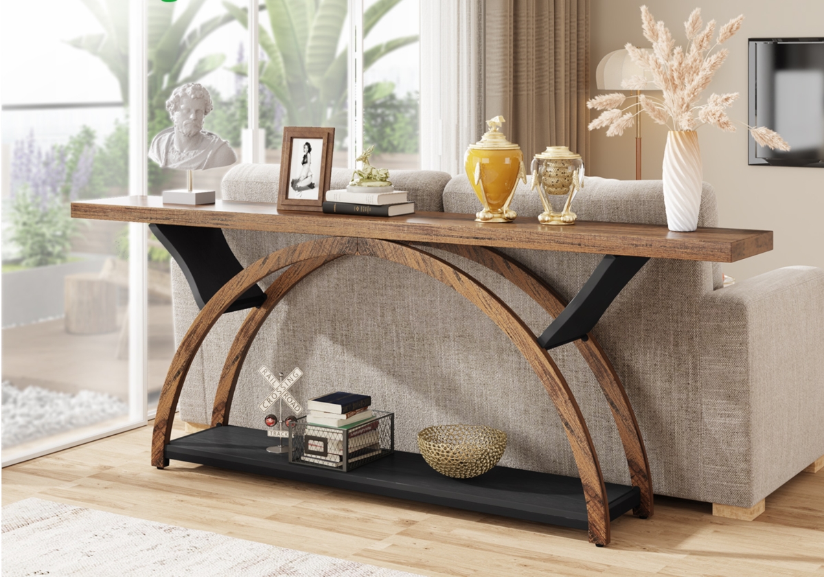 TB-RY0094 70.87 in. 2-Tier Console Table with Storage Shelf - Narrow Long Behind Couch Table - Brown & Black