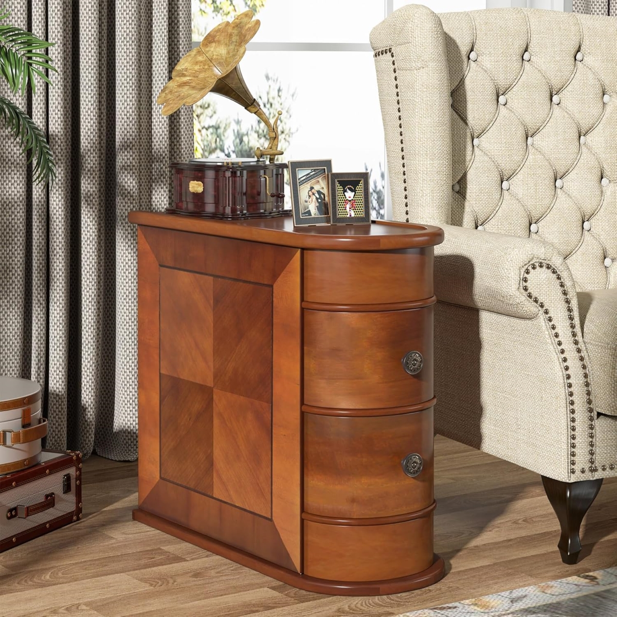 TB-U0093 10.8 in. Solid Wood Narrow End Table - Fully Assembled 2-Drawer Slim Nightstand - Walnut