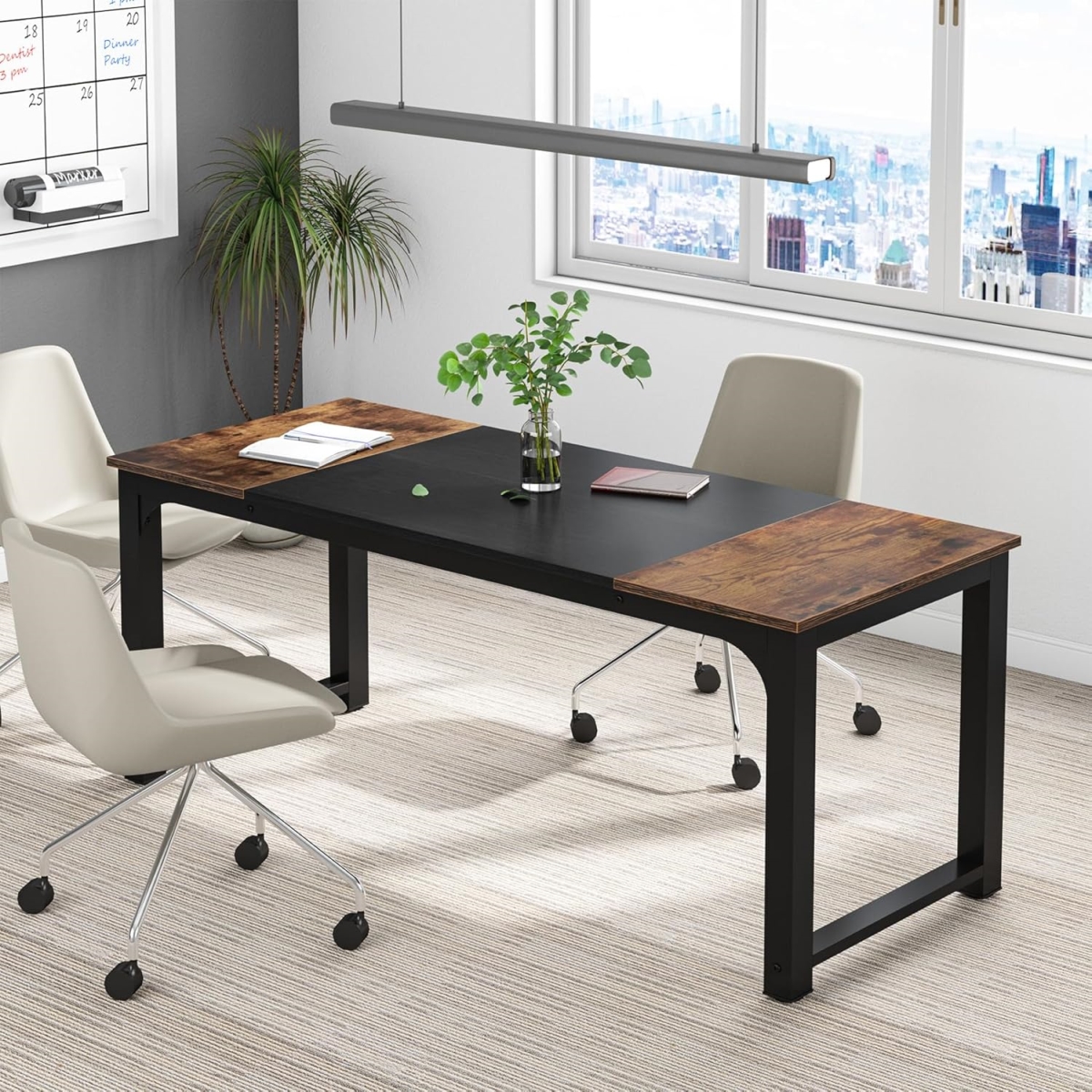 TB-U0128 63 in. Modern Office Computer Workstation Executive Desk with Thick Metal Frame - Large - Rustic Brown & Black
