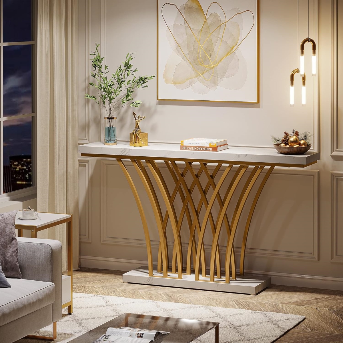 TB-F1715 59 in. Modern Faux Marble Entryway Console Table with Grid Metal Base - White & Gold