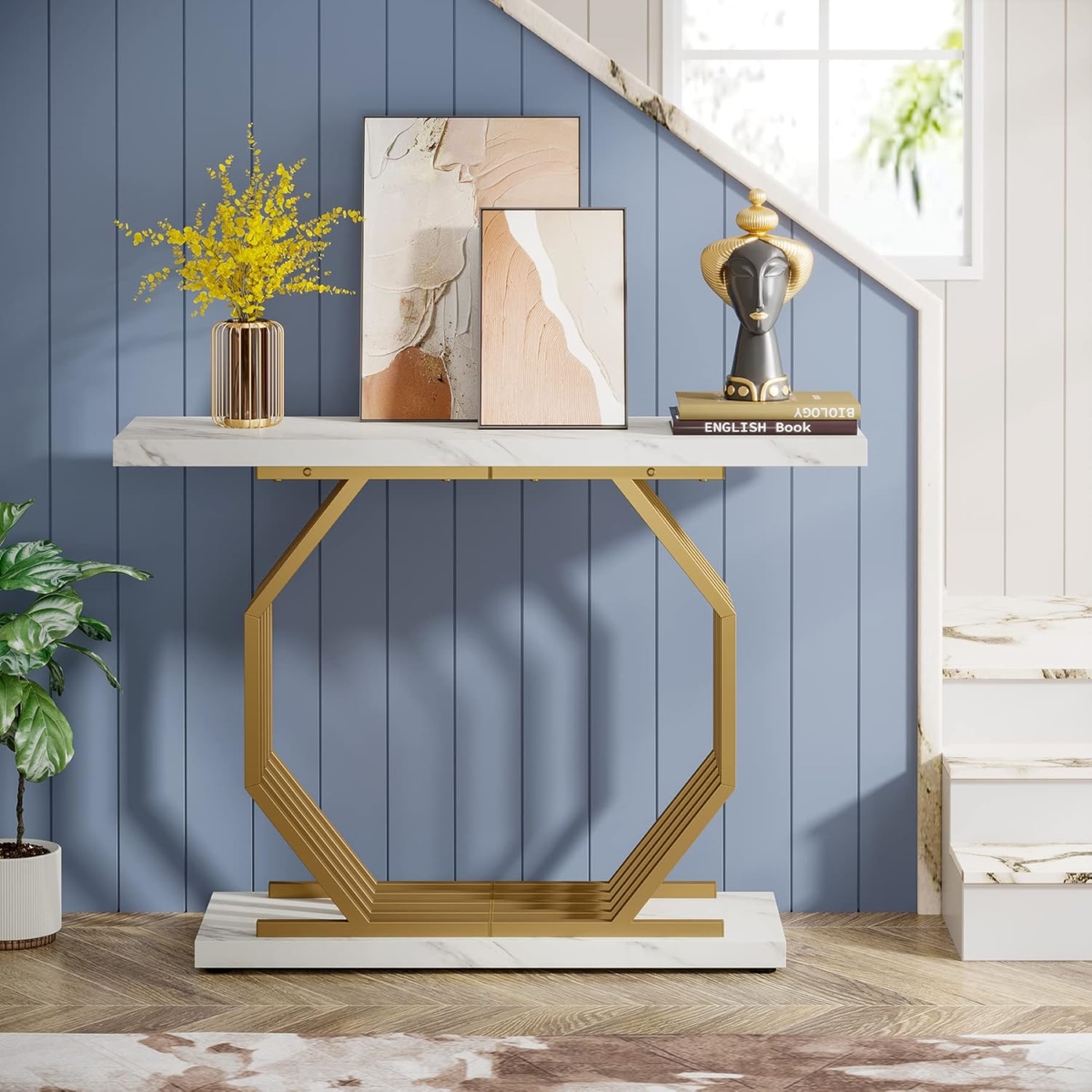 TB-F1790 40 in. Faux Marble Entryway Narrow Console Table with Geometric Metal Base - White & Gold