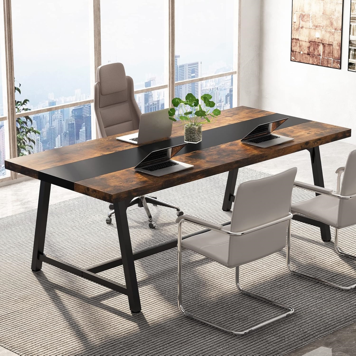 TB-F1969 70.87 in. Modern Rectangular Conference Table Executive Desk with Durable Metal Frame - Large - Rustic Brown & Black