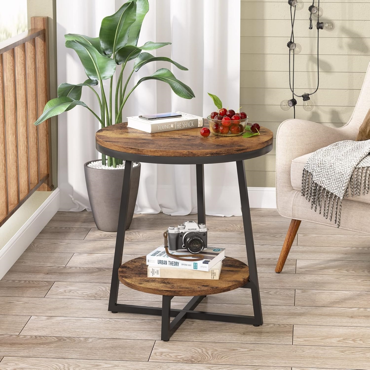 TB-HL0205 19.68 in. 2-Tier Round Industrial End Table with Storage Shelf - Rustic Brown