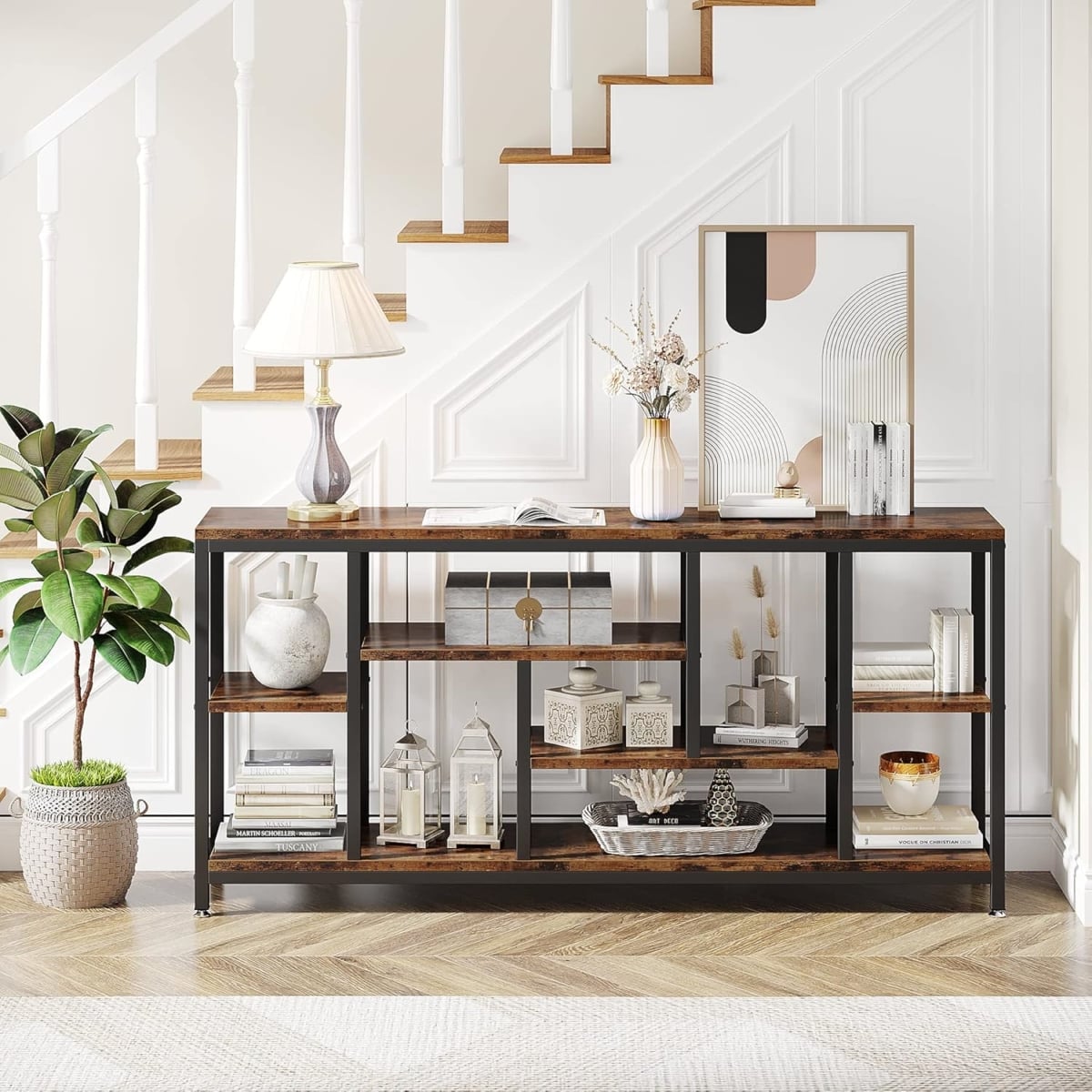 TB-JW0314 70.9 in. 3-Tier Extra Long Industrial Console Table - Behind Couch with Storage Shelves - Rustic Brown