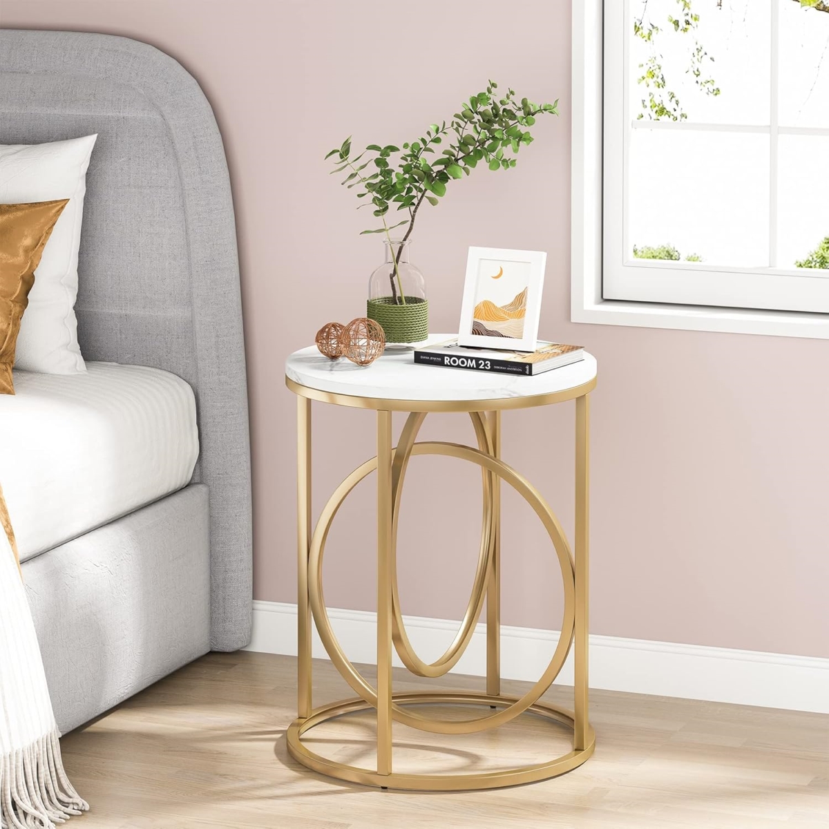 TB-J0166 20 in. Round End Table for Living Room - Modern Marble with Metal Frame - White & Gold