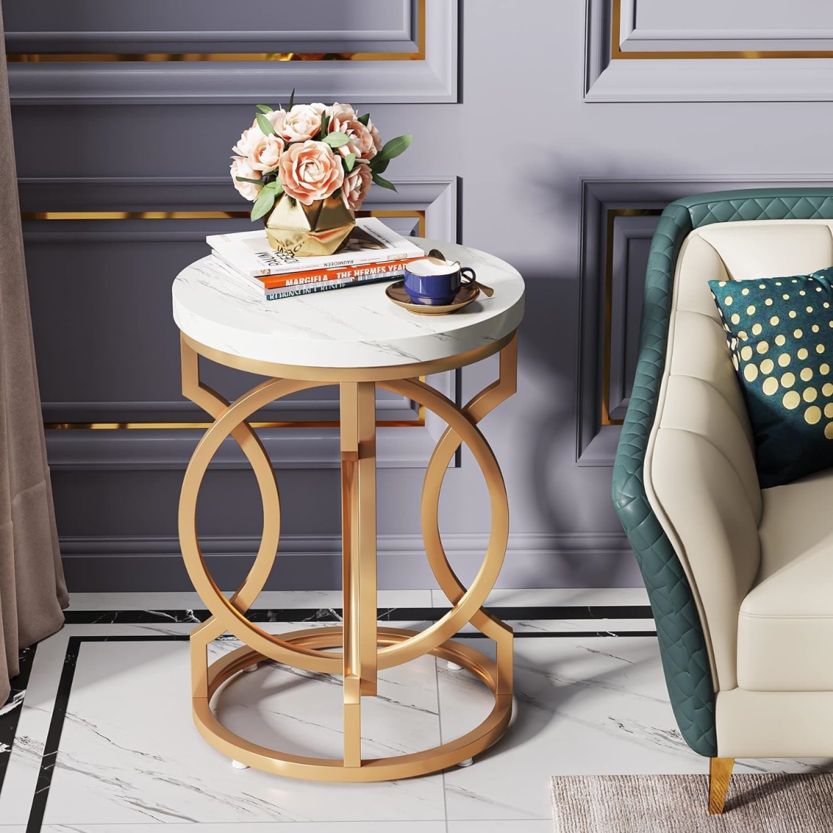 TB-JW0477 20 in. Modern Accent Round End Table with Faux Marble Top & Gold O-Shaped Base - White & Gold Finish