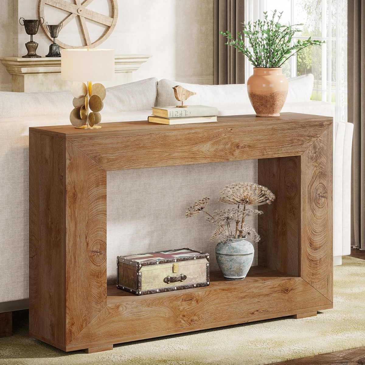 TB-JW0885X 47 in. Farmhouse Rustic Entryway Console Table with Storage & Open Shelf, Natural Wood Finish