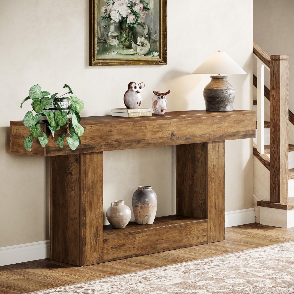 TB-RY0241 63 in. Farmhouse 2-Tier Entryway Console Table with U-Shaped Base, Narrow Long Wood Sofa Behind Couch - Vintage Brown