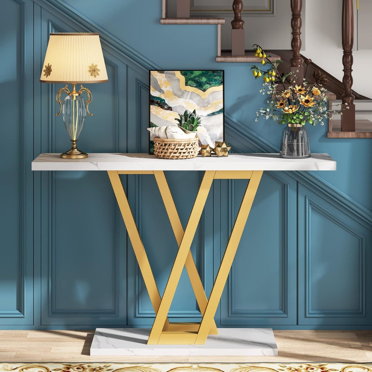 TB-U0163 43 in. Modern Narrow Entryway Console Table with Faux Marble Top & V-Leg Metal Frame - White & Gold