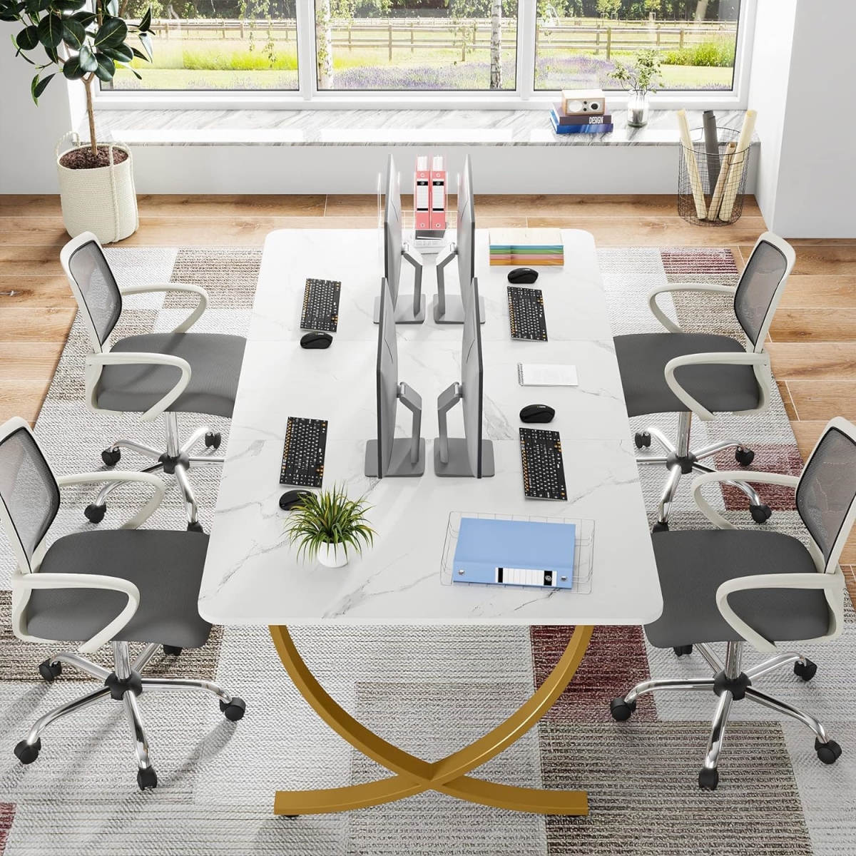 TB-YS0035 63 in. Modern Executive Office Desk with Faux Marble Tabletop - White & Gold - Large