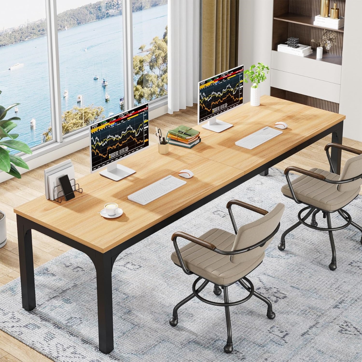 TB-YS0151 78.7 in. Extra Long Double Workstation 2-Person Computer Desk with Heavy-Duty Steel Legs - Light Walnut & Black Finish
