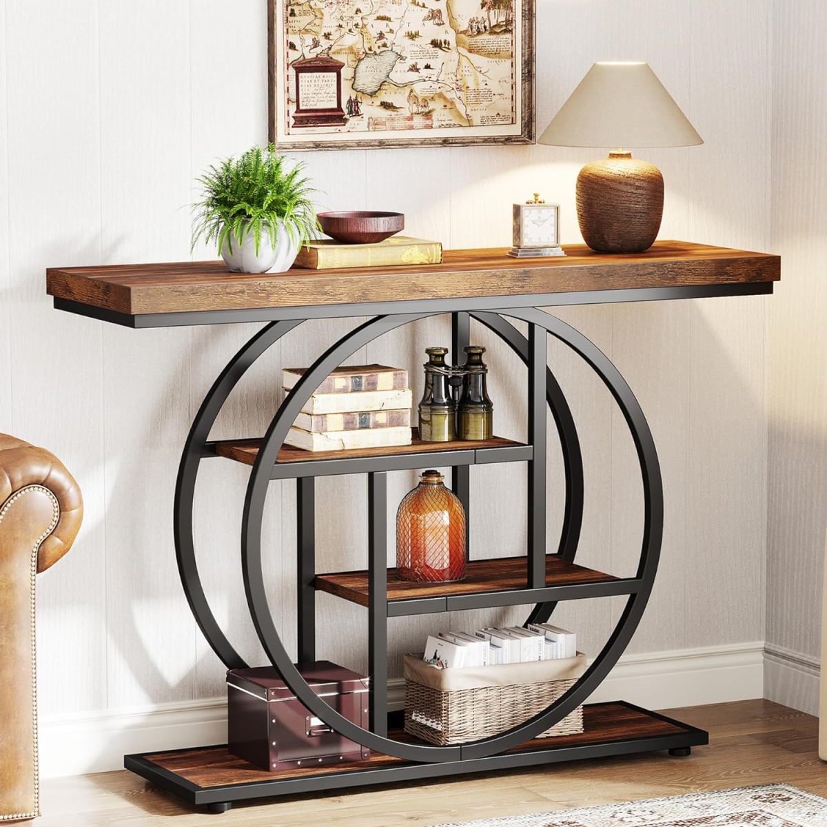 TB-JW0606 41.3 in. 4-Tier Industrial Console Table with Unique Circle Metal Frame & Storage Shelves - Rustic Brown