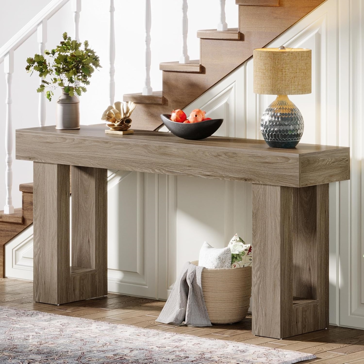 TB-JW0936 63 in. Farmhouse Console Table - Extra Long Narrow Behind Couch - Rustic Wood & Gray Finish