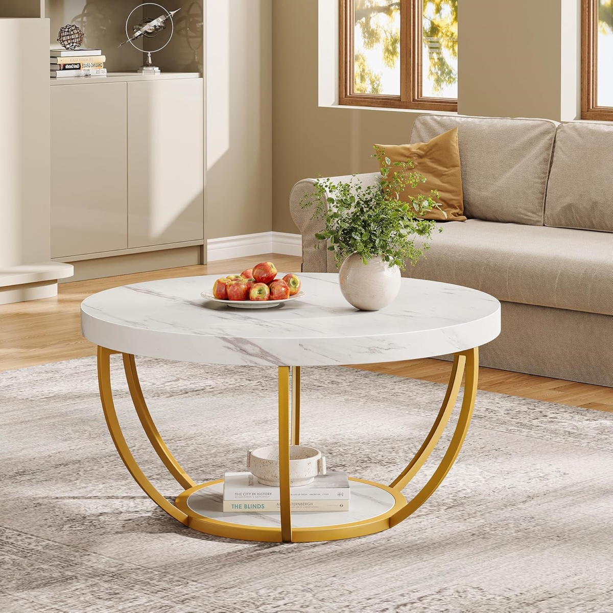 TB-NY148 31.7 in. 2 Tier Modern Round Coffee Table with Faux Marble & Golden Metal Legs - White