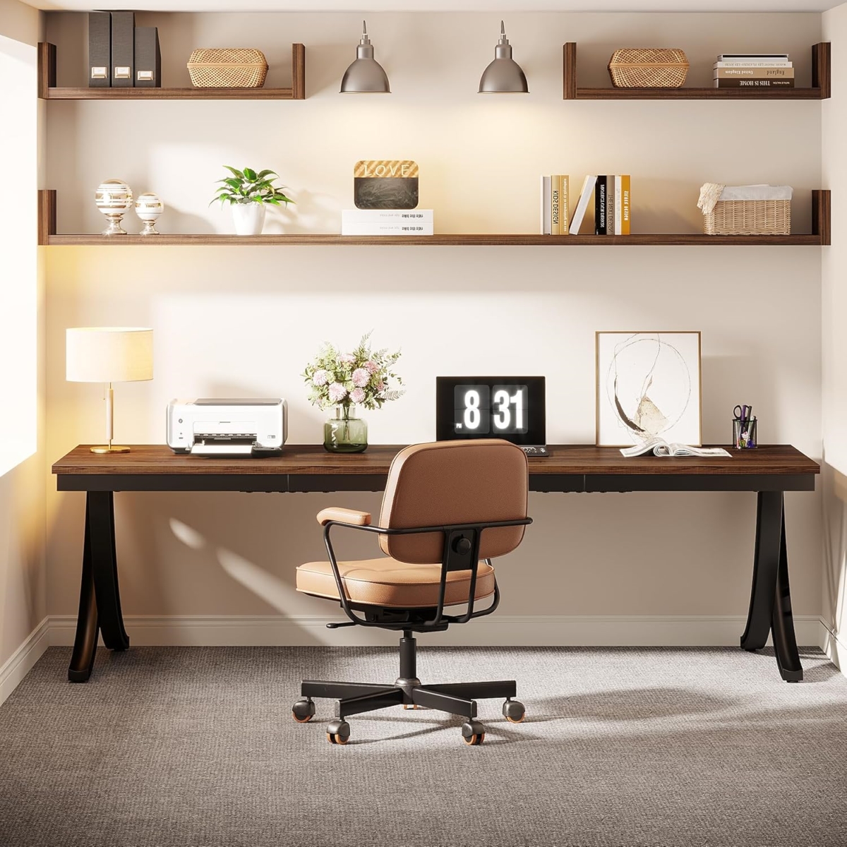 TB-RY0068 78 in. Two-Person Extra Long Double Computer Office Workstation Desk with Stylish X-Legs - Rustic Brown