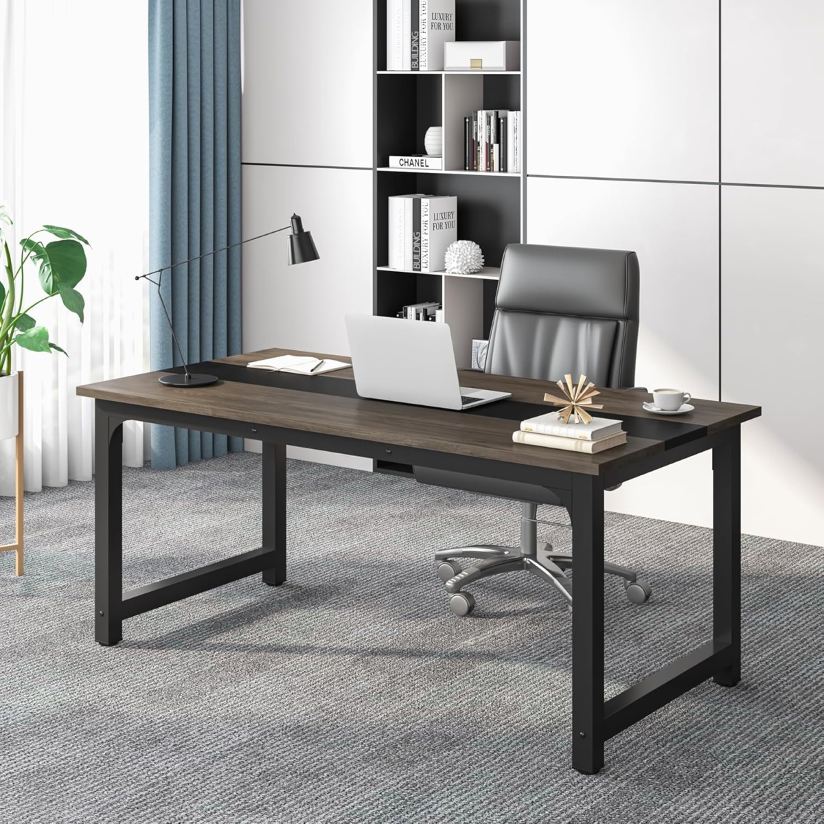 TB-U0208 63 in. Large Modern Computer Desk with Steel Frame & Adjustable Feet - Rustic Gray & Black