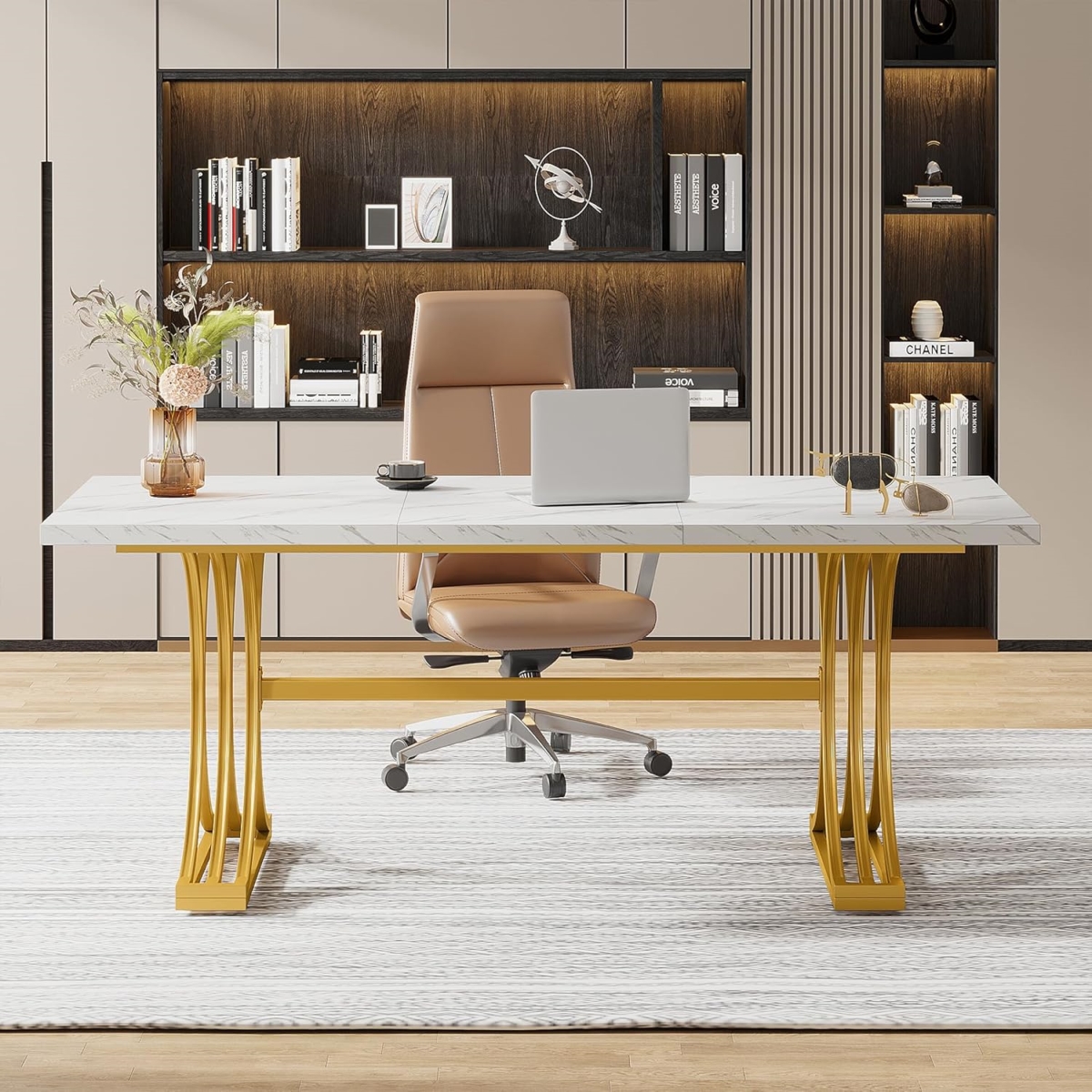 TB-XK00727 63 in. Modern Executive Desk with Stylish Gold X-Legs, Faux Marble Top - Large - White & Gold