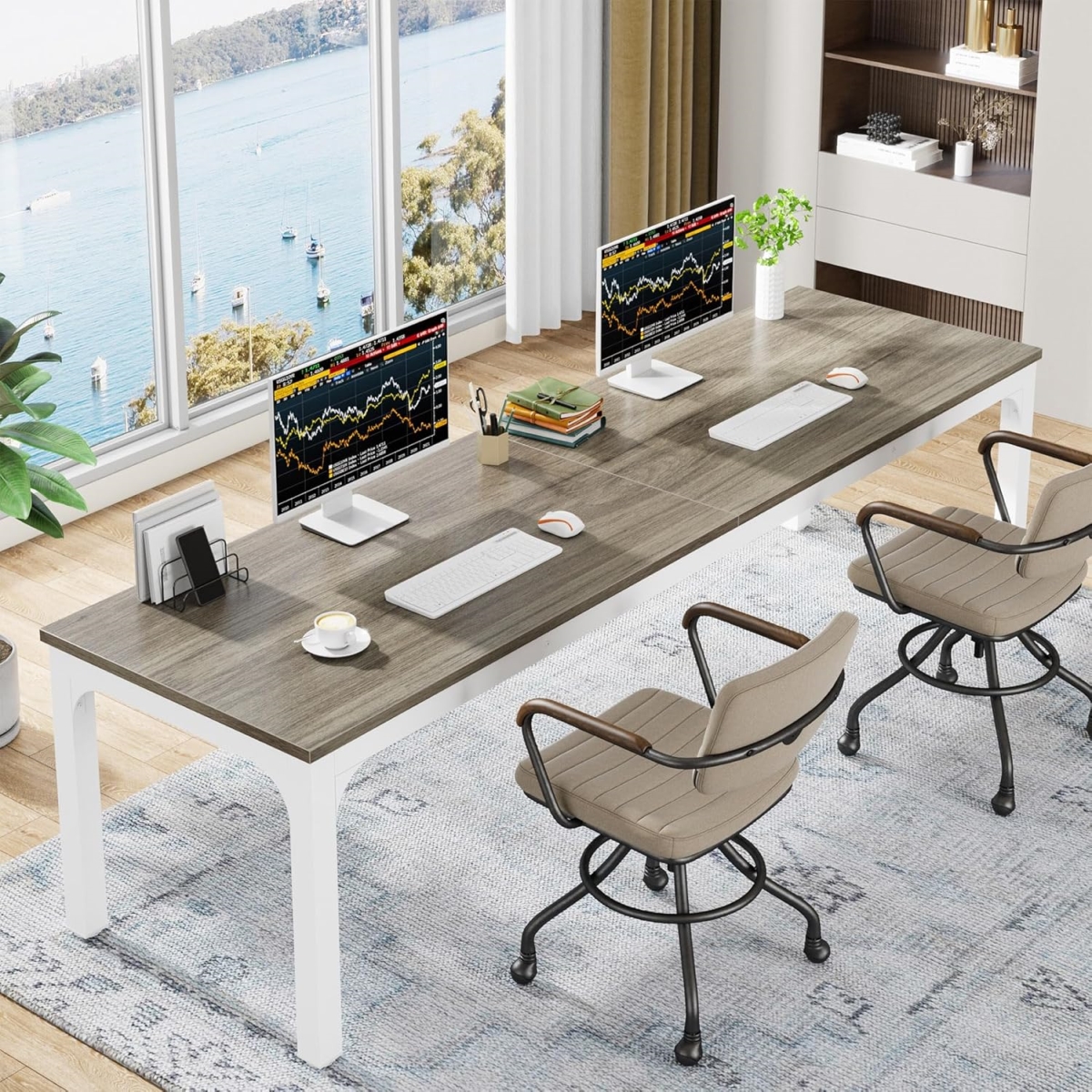TB-YS0178 78.7 in. Double Workstation Extra Long 2-Person Computer Desk with Heavy-Duty Steel Legs - Oak & White Finish