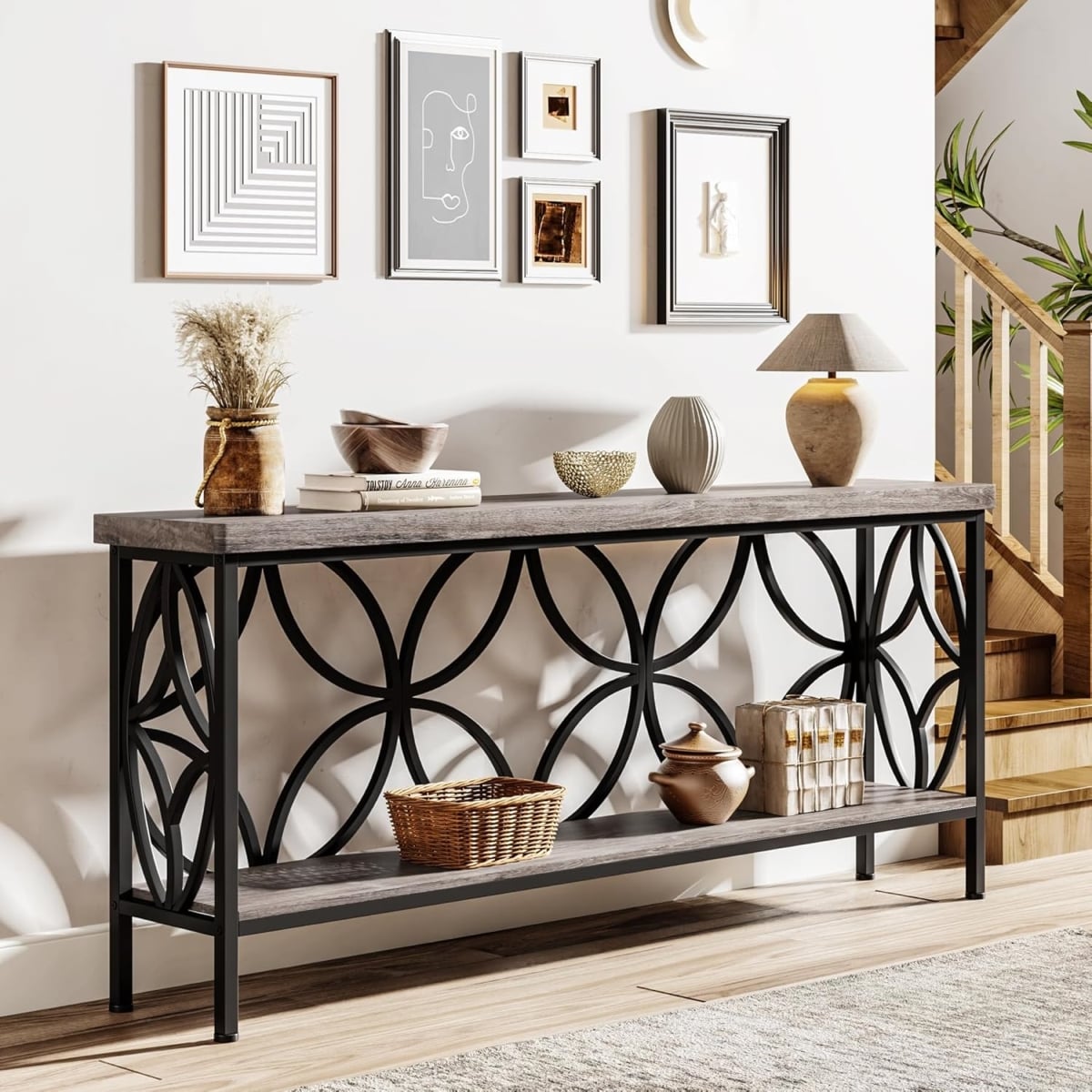 TB-F1895 70.9 in. Extra Long Industrial Console Table - Narrow Behind Couch with Open Storage Shelves - Vintage Gray