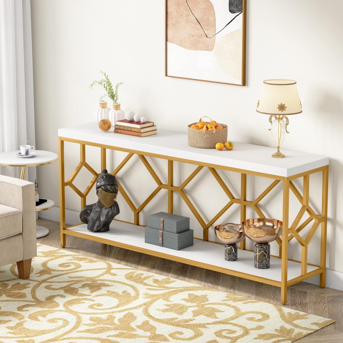 TB-F1913 70.9 in. 2-Tier Extra Long Console Table - Industrial Narrow Behind Couch with Diamond Pattern Metal Frame - White & Gold