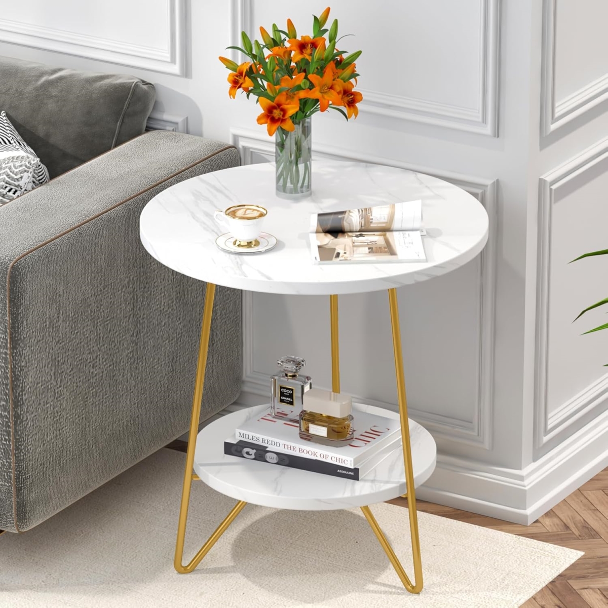 TB-J0202 18.7 in. 2-Tier Modern Round Faux Marble End Table - White & Gold