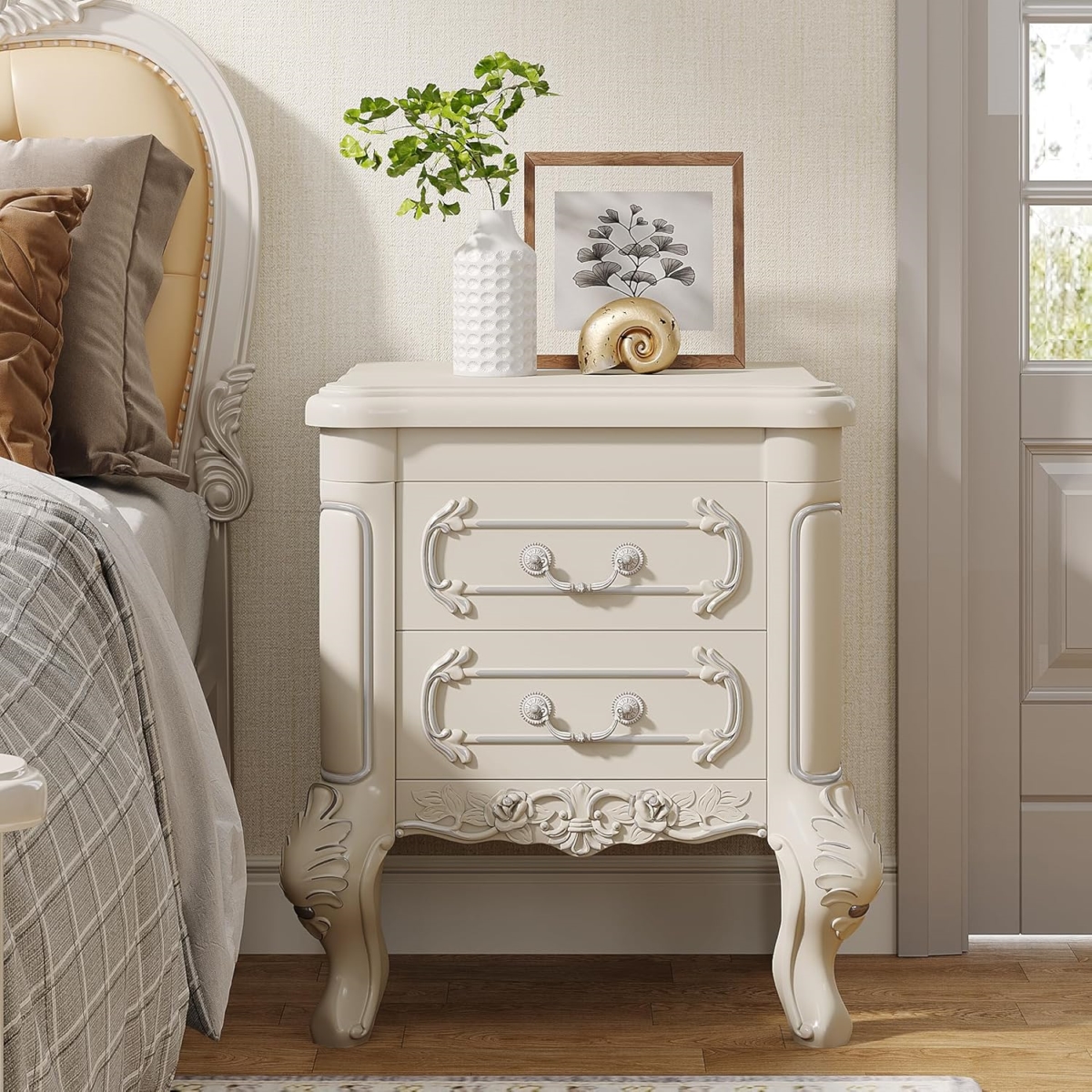 TB-J0279 20 in. Classic Carved Nightstand with Drawers - White