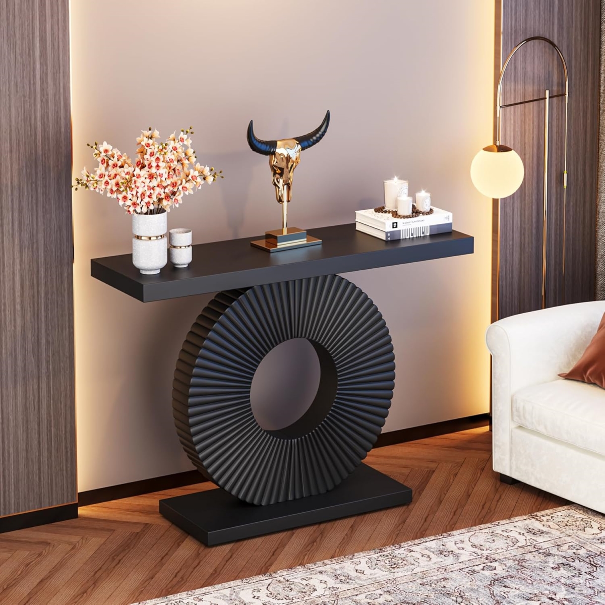 TB-J0292 40 in. Modern Console Table with Sculptural Geometric Base - Black