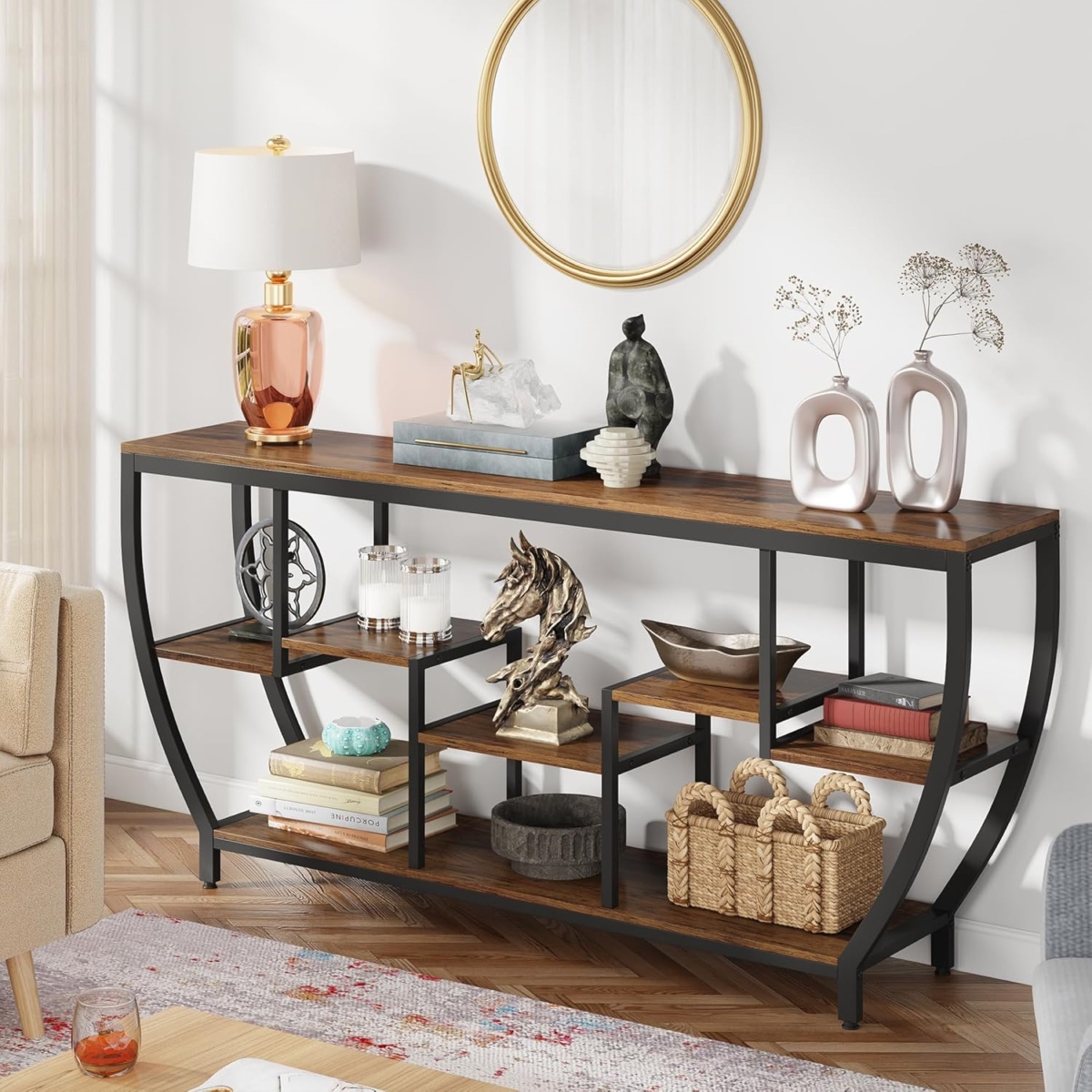 TB-JW0525 70.9 in. Industrial Console Sofa Table with 7-Tier Storage Shelves - Extra Long Entryway Behind Couch - Rustic Brown