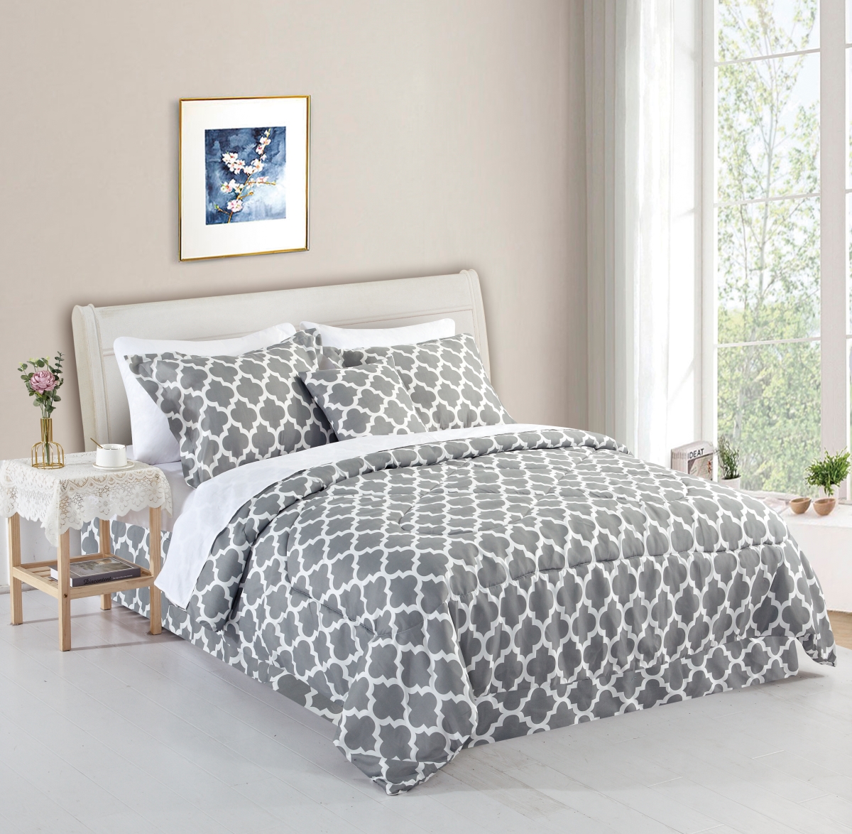 2660QNGRTR Queen Size Comforter Set with Decorative Pillows, Gray Trellis - 8 Piece