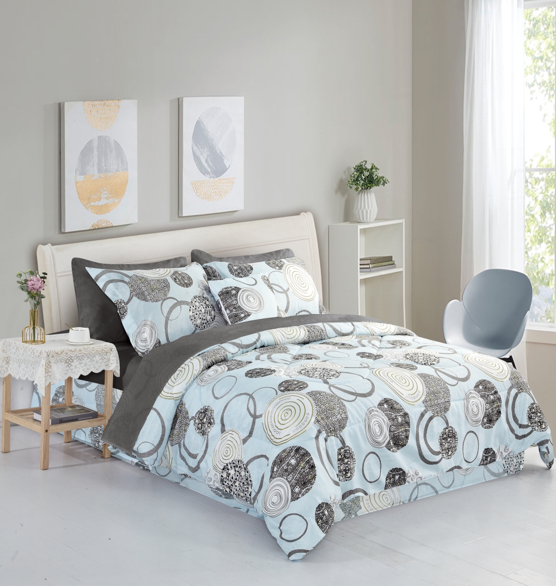 2660QNBLGEO Queen Size Comforter Set with Decorative Pillows, Blue Geo - 8 Piece
