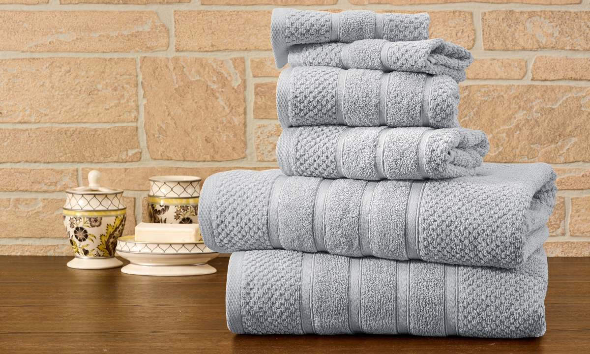 6 Piece Egyptian Cotton Bath Towel Set, Popcorn Seal Gray - One Size