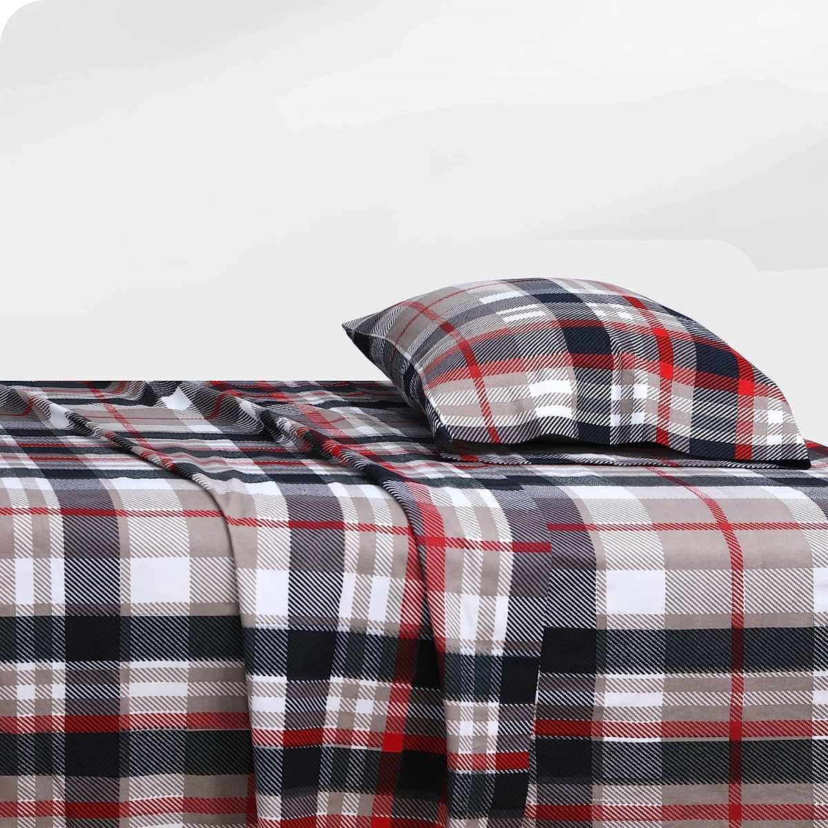 Twin Size Printed Flannel Sheet Set, French Plaid - 4 Piece