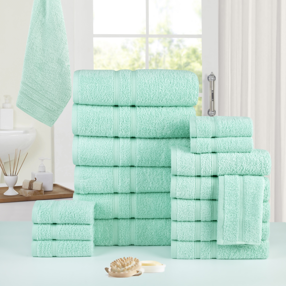 4241AQ3PK 18 Piece Zero Twist Egyptian Cotton Bath Towel Set, Aqua - One Size
