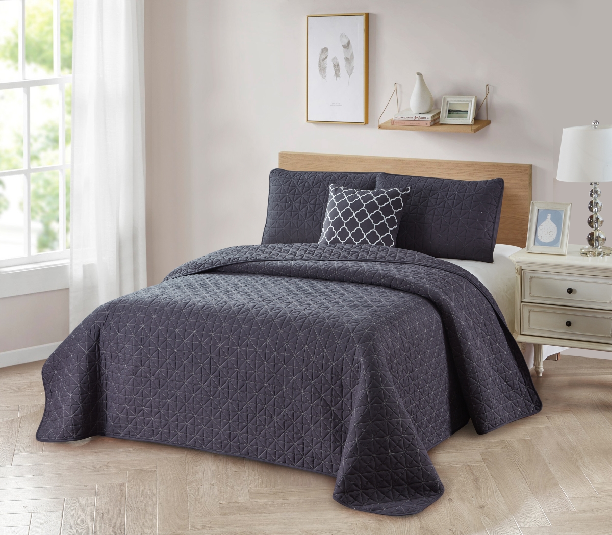 King Size Solid Quilt Set with Cushion, Gray - 4 Piece