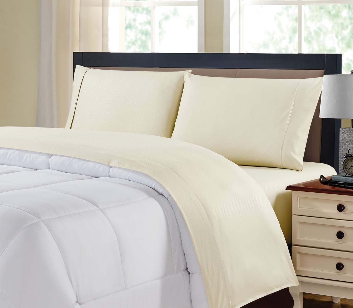 Kathy Ireland 1323TWIV Twin Size Chevron Embossed Microfiber Sheet Set, Ivory - 4 Piece