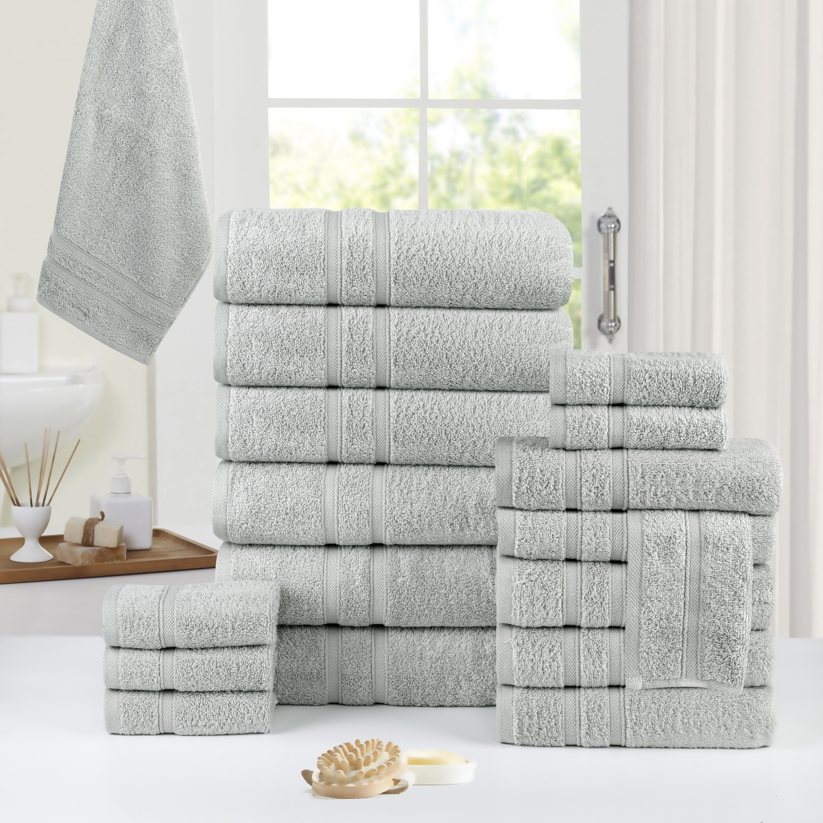 4241SIL3PK 18 Piece Zero Twist Egyptian Cotton Bath Towel Set, Silver - One Size