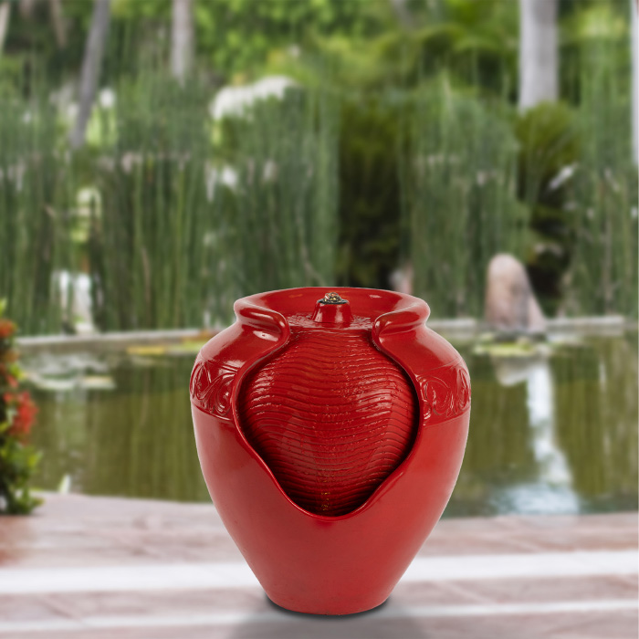 50-LG1185 Jar Water Fountain - Indoor or Outdoor Ceramic-Look Glazed Pot Resin Water with Electric Pump & LED Lights, Imperial Red -  Pure Garden