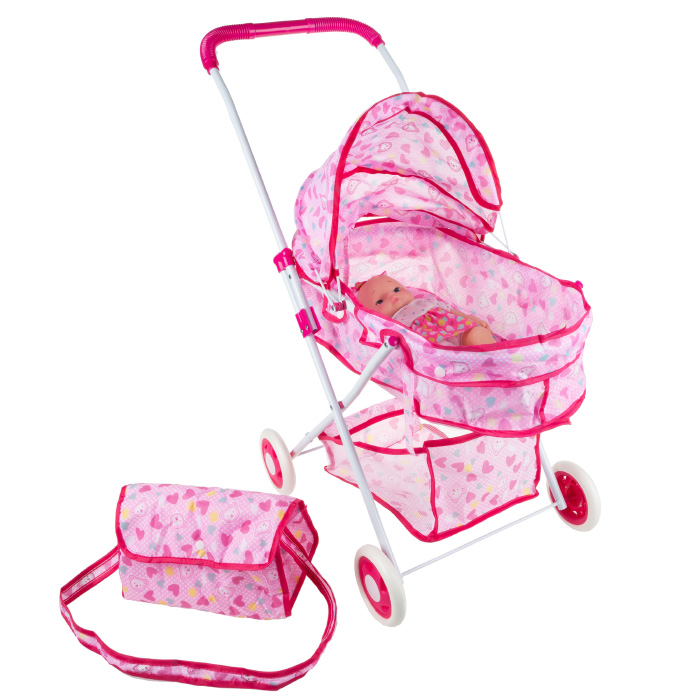 80-TK082563 18 in. Deluxe Toy Pram for Baby Dolls - Foldable, Pink Carriage -  Hey Play