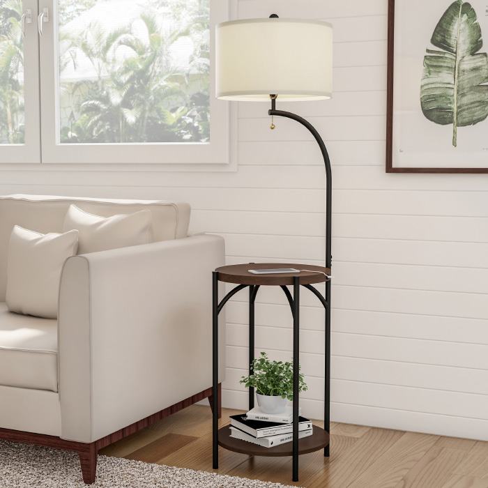 Picture of Lavish Home A1000B2 Floor Lamp End Table - Modern Rustic Side Table with Drum Shaped Shade&#44; Dark Brown&#44; Black & Off-White