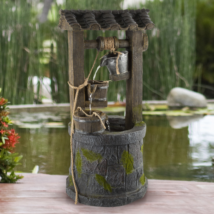 Picture of Pure Garden 50-LG1215 Wishing Well Fountain-4-Tier Polyresin Cascading Waterfall- Hand Painted Outdoor Water