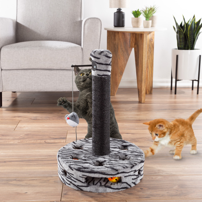 Picture of Petmaker 80-PET6180 Interactive Cat Scratching Post- Built-In Rolling Ball & Track Toy&#44; Sisal Scratch Pole & Hanging Mouse&#44; Black & Gray