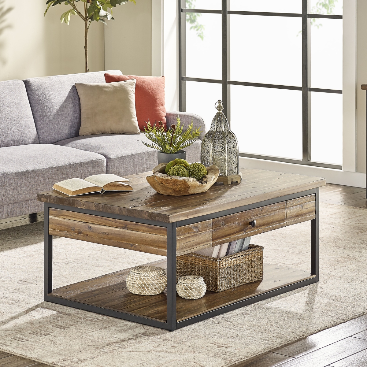 Picture of Alaterre ANCM1274 48 in. Claremont Rustic Wood Coffee Table with Drawer & Low Shelf